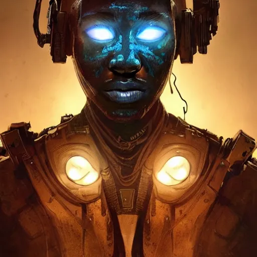 Image similar to a dark and ominous cyborg african child soldier with glowing eyes and facial scarification marks, Apex Legends character digital illustration portrait design, by android jones and greg rutkowski in a cyberpunk voodoo style, detailed, cinematic lighting, wide angle action dynamic portrait