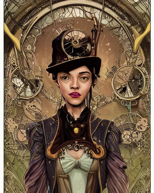 Image similar to a detailed portrait illustration of a steampunk wizard. attractive black asian female face, alluring expression. looks like christina ricci and winona ryder. art nouveau, pop art, comic book style. influenced by neil gaiman, h. p. lovecraft, dan mumford, brian froud, vadim voitekhovitch, killian eng, ross tran.