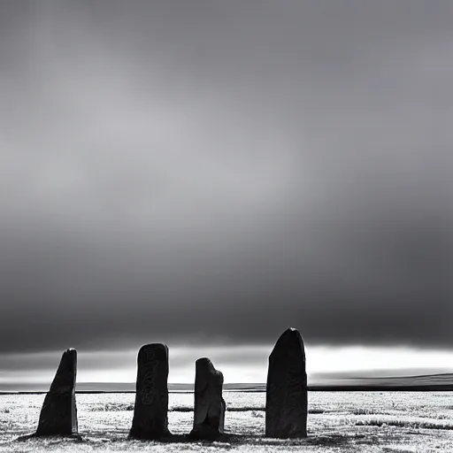 Image similar to 'The grim reaper stands large in front of neolithic standing stones of stenness, haunting, fog, grainy, snow, atmospheric clouds'