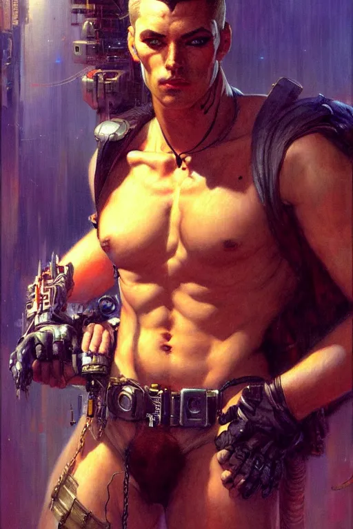 Prompt: cyberpunk, attractive male, character design, painting by gaston bussiere, katsuya terada, frank frazetta, tom of finland, trending on artstation