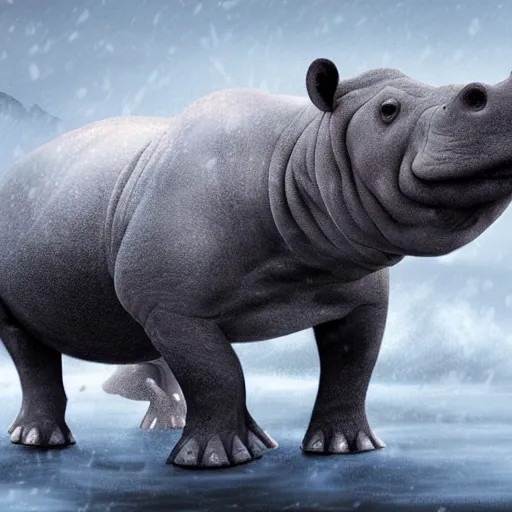 Image similar to fantasy art 4 k photo of hippos in plate mail armor ready for battle in a blizzard