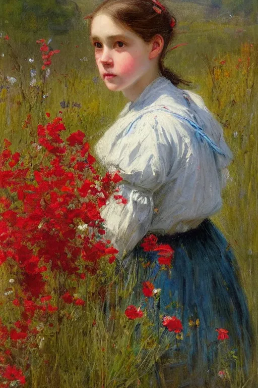 Prompt: Solomon Joseph Solomon and Richard Schmid and Jeremy Lipking victorian genre painting portrait painting of a young cottagecore girl in an open field of flowers, red background