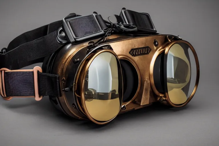 Prompt: a high quality product photography photoshoot of steampunk virtual reality goggles