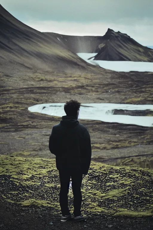 Prompt: kodak color plus 2 0 0 photograph of a skinny guy looking at beautiful iceland scenery, back view, vaporwave colors, grain, moody lighting, moody aesthetic,