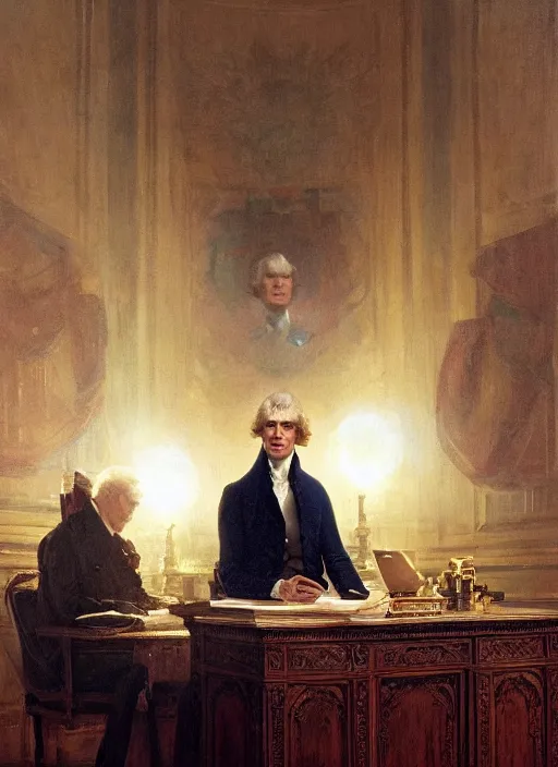 Prompt: a portrait of thomas jefferson in the oval office, cyberpunk, detailed by gaston bussiere, bayard wu, maxim verehin, greg rutkowski, masterpiece, sharp focus, cinematic lightning