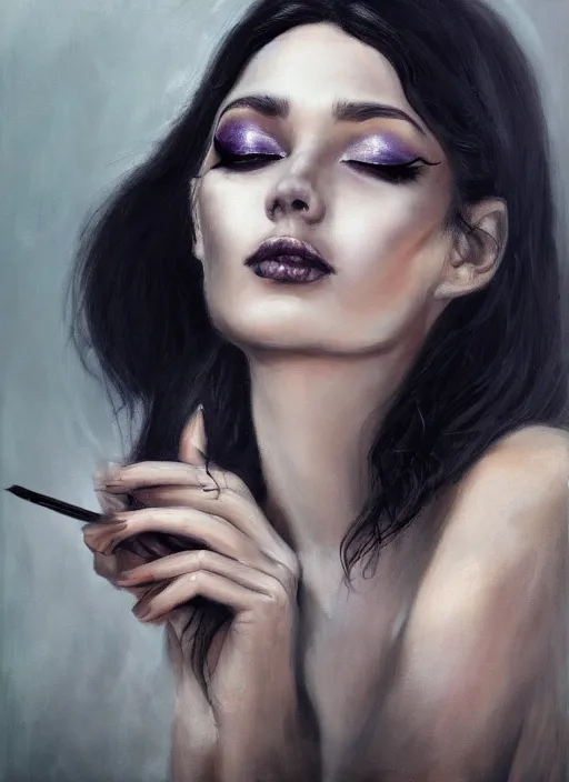 Image similar to hyper realistic, portrait, close - up, make up, dark witch, painting by ansell, mary jane, smooth, sharp focus