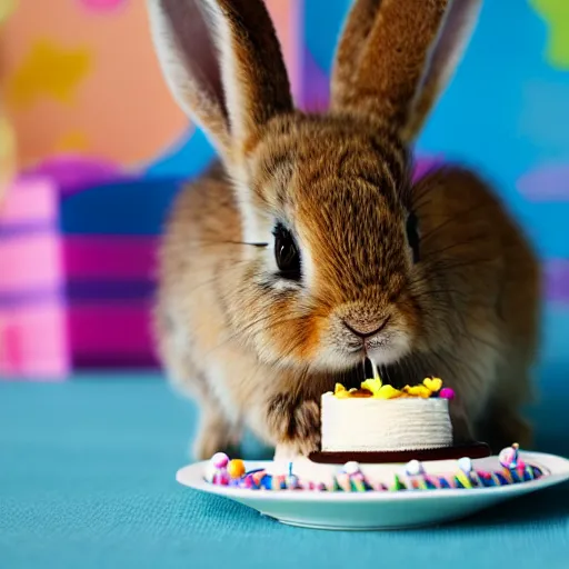 Image similar to photo of baby rabbit eating birthday cake, cinematic, 4 k, highly detailed, strong bokeh