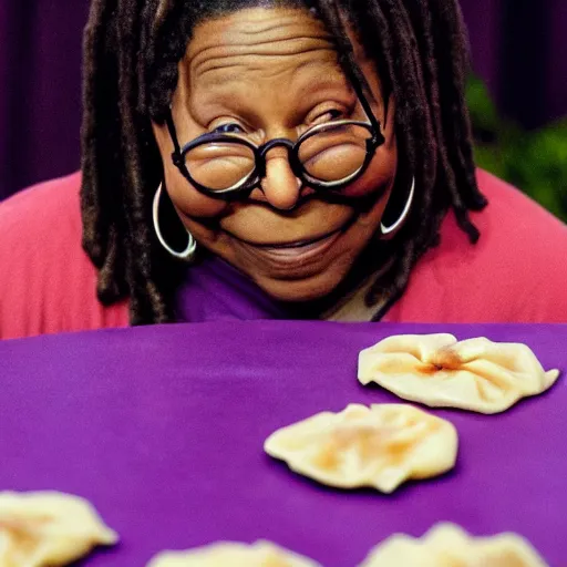 Prompt: whoopi goldberg making potstickers on the moon wearing purple