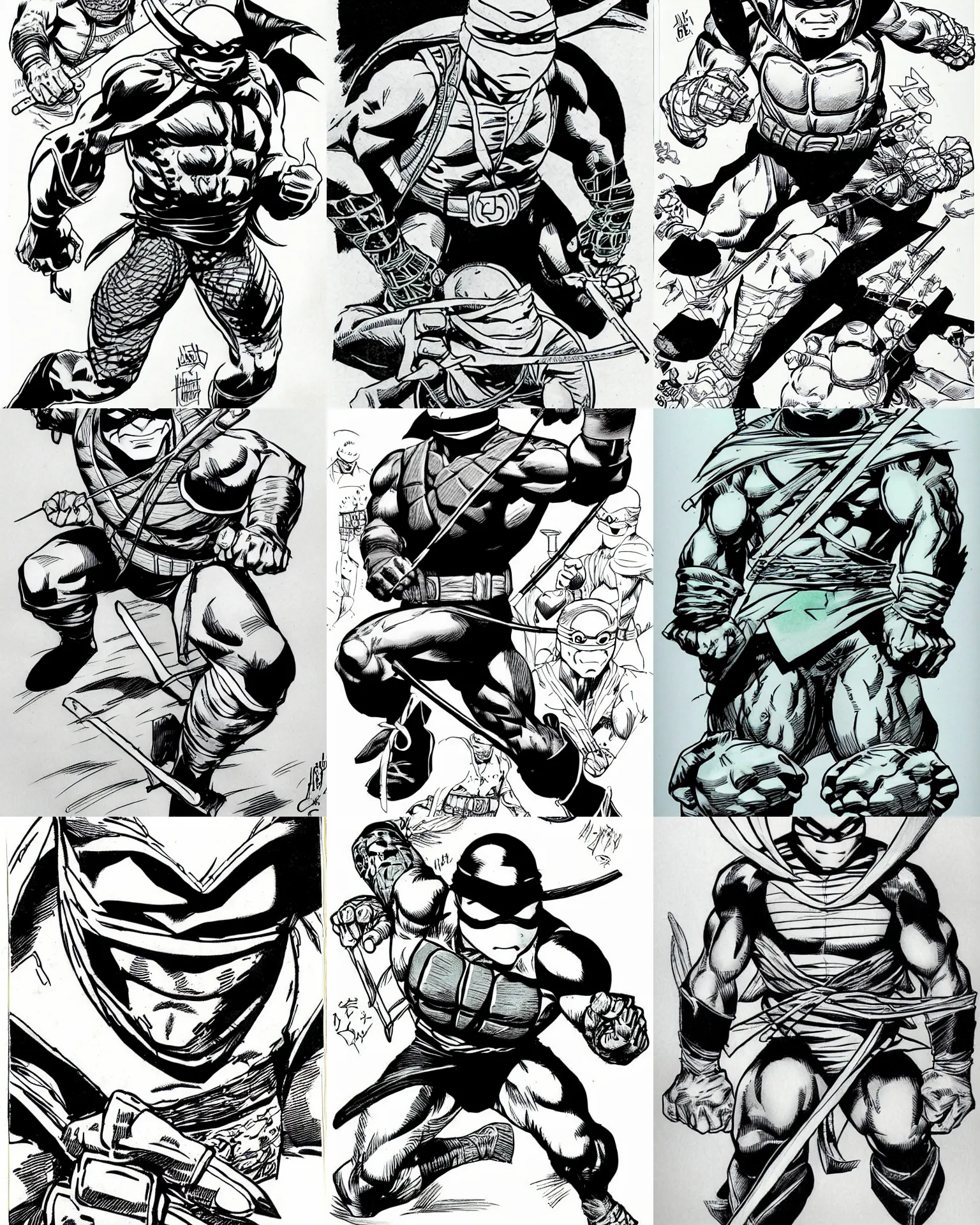 Prompt: year 1 9 8 5!!! ninja turtle!!! jim lee!!! medium shot!! flat ink sketch by jim lee close up in the style of jim lee, comic book ninja turtle by jim lee