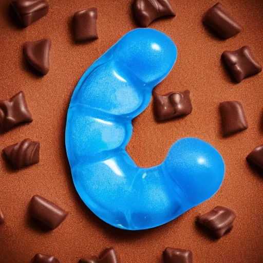 Prompt: blue gummy bear sitting on chocolate bar, octane render