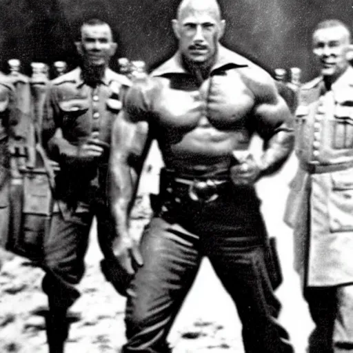 Image similar to Colorized grainy photo of Dwayne the rock johnson as an officer during WW2