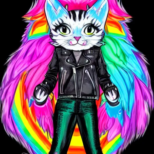 Image similar to wide angle full body, jacket wearing fluffy cute rainbow kitten wearing a black leather motorcycle jacket, concept art