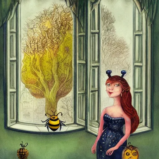 Image similar to a portrait of a woman standing infront of a window, she is happy and has lovely hair and eyes, a man is standing behind her with a look of suprise in his face, 🪴🌳🐝, 8 k, lowbrow, in the style of daniel merriam and alexander jansson,