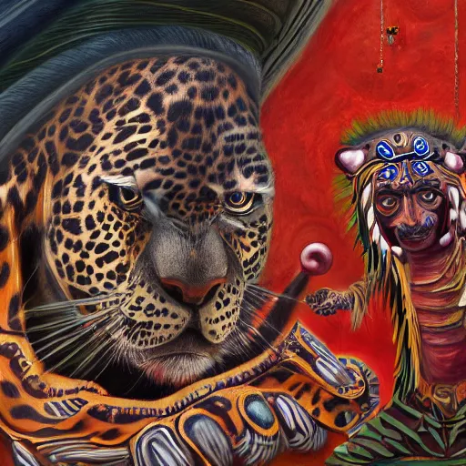 Image similar to an intricated and detailed painting of a shaman turning into a jaguar by jose clemente orozco 4 k render