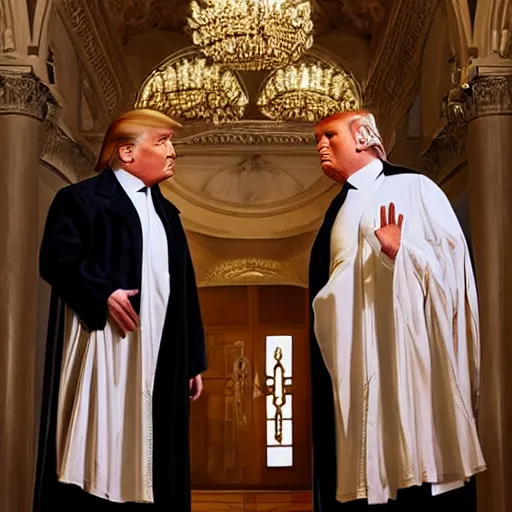 Prompt: lucifer and donald trump in a monastery yelling