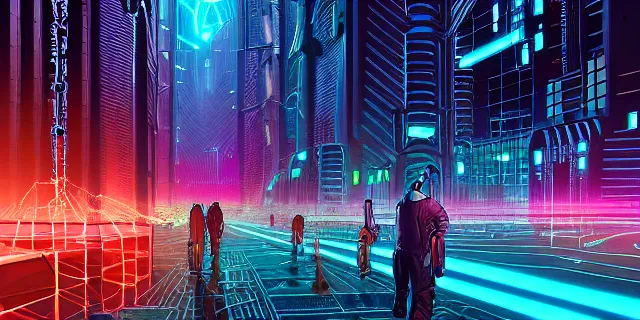 Prompt: glowing chains of interconnected network of technological cubes, in the middle of a futuristic cyberpunk dubai city, in the art style of dan mumford and marc simonetti, atmospheric lighting, intricate, volumetric lighting, beautiful, sharp focus, ultra detailed