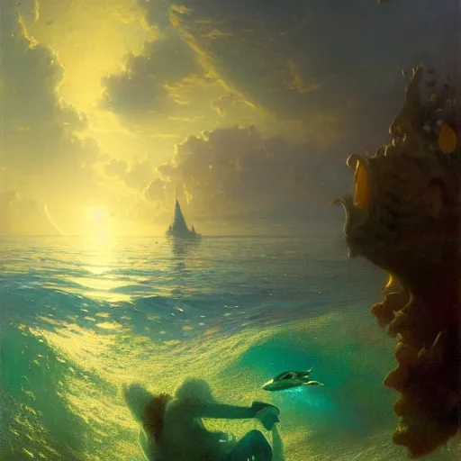 Image similar to point of view of deep in the ocean looking up, you see fishes, higher up you see very clearly the milk way illuminating the sea down bellow, night time. highly detailed painting by gaston bussiere, greg rutkowski 8 k