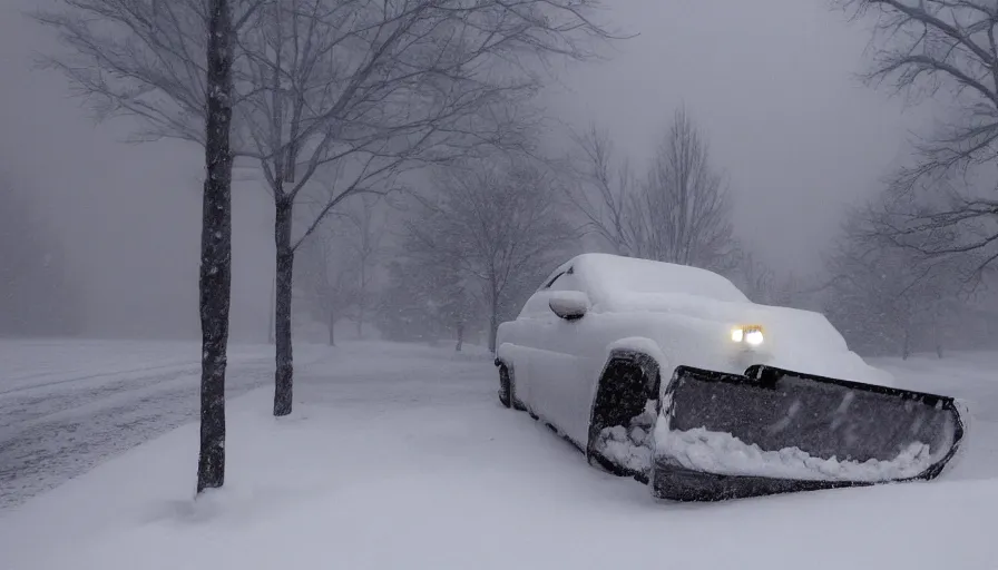 Image similar to snowplow covered by snow in beautiful winter landscape. fog, snowstorm, photorealistic rendering, octane, depth of field, blurry