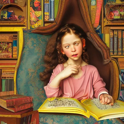 Prompt: photorealistic contemporary illustration of a beautiful child reading books, beautifully portrayed inside a retrofuturistic maximalist hyperdetailed room. in the style of Caravaggio, Michelangelo, Paul Gauguin, Modigliani, with flemish baroque vibrant shiny maximalist mixed media 3d textures in soft pastel tones. perfect details. matte background. HD HD HDR high res 8x sharp