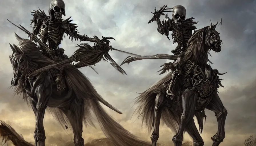 Prompt: A beautiful highly detailed epic painting of the Grim reaper riding a skeletal undead horse by Ulpiano Checa, Trending on artstation HD.