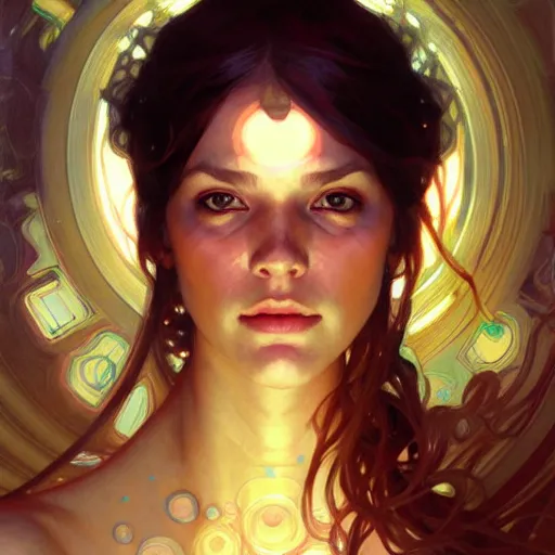 Prompt: Portrait of girl surrounded by floating nodes, face, fantasy, intricate, elegant, highly detailed, digital painting, artstation, concept art, smooth, sharp focus, illustration, art by Greg Manchess and Fernanda Suarez and Artem Demura and alphonse mucha