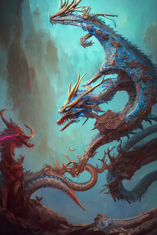 Image similar to cyan the complete dragon has a chinese dragon head, antlers, snake body, and eagle claws. the center of the picture hybrid fantasy, intricate, elegant, highly detailed, digital painting, artstation, concept art, matte, sharp focus, illustration by peter mohrbacher justin gerard zhang yu