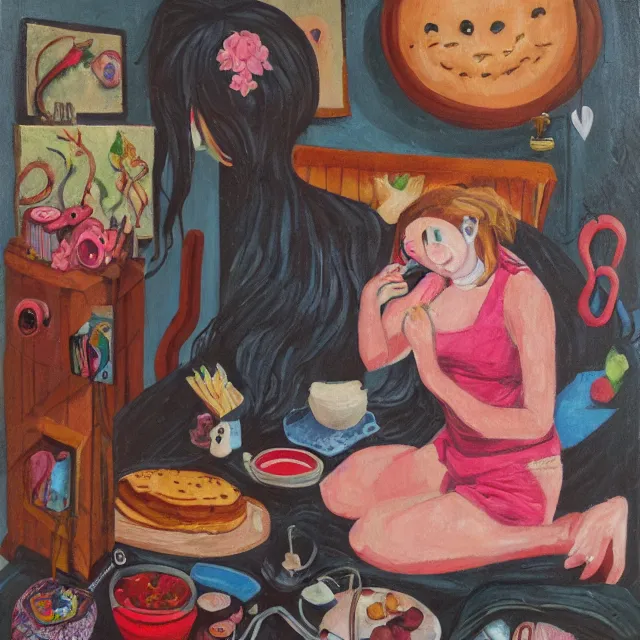 Image similar to a self - portrait in a female artist's bedroom, a crying emo girl eating pancakes, berries, surgical equipment, handmade pottery, flowers, sensual, octopus, neo - expressionism, surrealism, acrylic and spray paint and oilstick on canvas