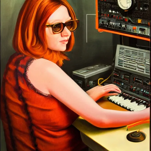Prompt: realistic painting portrait of a 35 year old woman with brown hair, orange glasses, synthesizer, computer, steampunk, vivid colors
