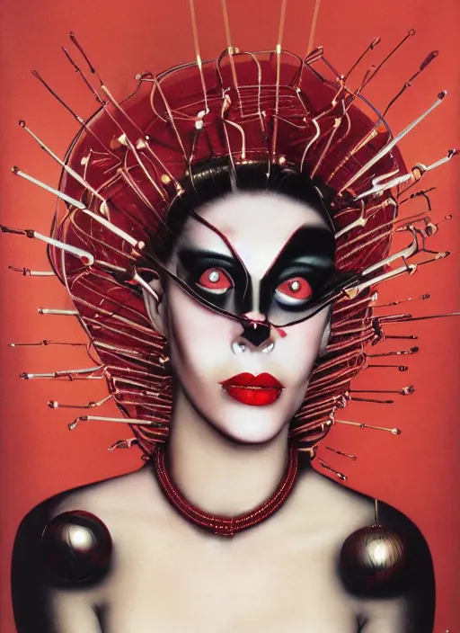 Image similar to an 8 0 s portrait of a woman with dark eye - shadow and red lips with dark slicked back hair, a mask made of wire and beads, dreaming acid - fueled hallucinations by serge lutens, rolf armstrong, delphin enjolras, peter elson, red cloth background