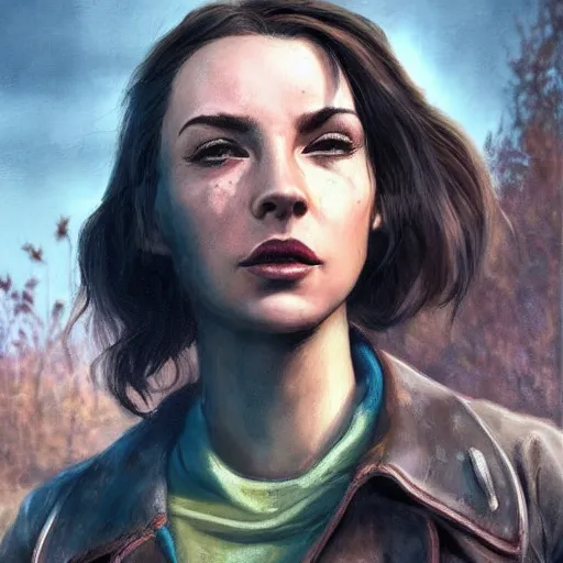 Image similar to fallout 5, charismatic beautiful rugged brunette female protagonist, portrait, outdoors in front of the entrance to vault 1 5 6, atmospheric lighting, painted, intricate, volumetric lighting, beautiful, daytime, sunny weather, slight overcast, sharp focus, deep colours, ultra detailed, by leesha hannigan, ross tran, thierry doizon, kai carpenter, ignacio fernandez rios