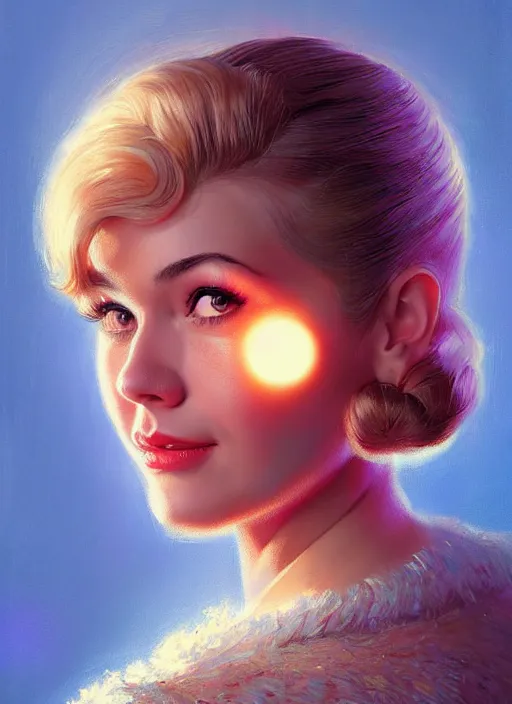 Image similar to portrait of betty cooper with fluffy bangs, bangs, 1 9 6 0 s, ponytail, curly bangs and ponytail, rounder face, intricate, elegant, glowing lights, highly detailed, digital painting, artstation, concept art, smooth, sharp focus, illustration, art by wlop, mars ravelo and greg rutkowski