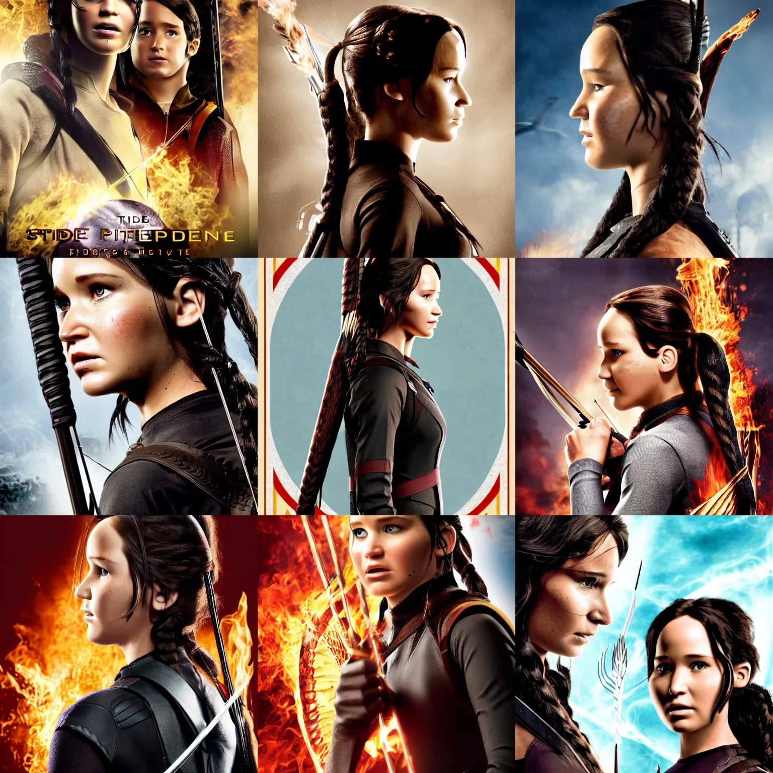 Prompt: side view of katniss everdeen facing harry potter, fantasy movie poster