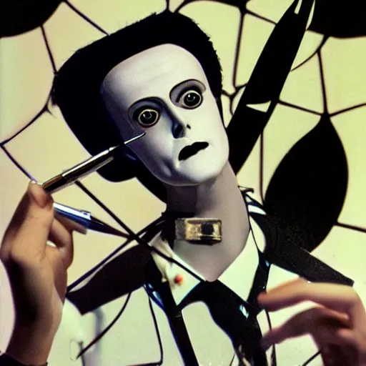 Prompt: a high quality product photo ad of klaus nomi with a technical reed rollerball pen exacto knife by junji ito and joseph cornell, ethereal eel unsplash contest winner