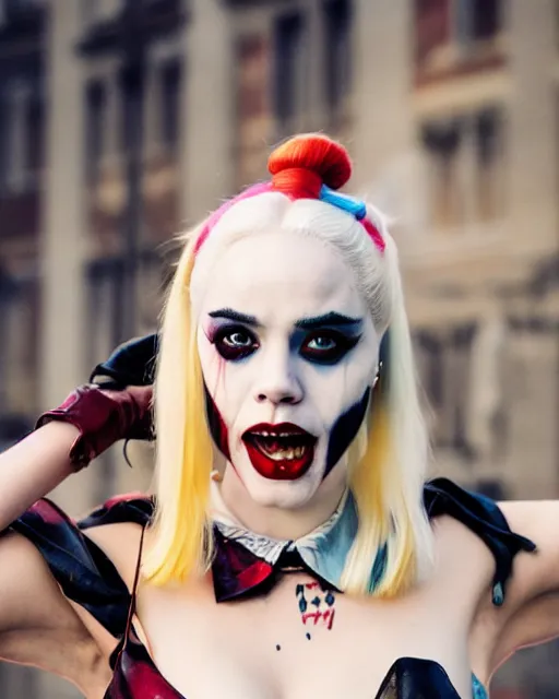 Image similar to 3 5 mm photo of elegant suicide squad harley quinn, long blonde hair and big eyes, finely detailed perfect face, standing on the wet street at sunset, golden hour sunset lighting,