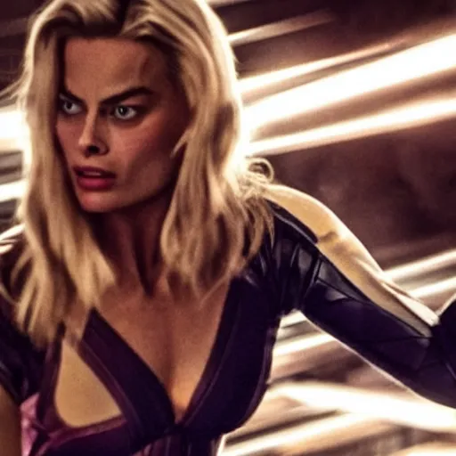 Image similar to an award winning cinematic still of beautiful Margot Robbie as Wolverine in epic battle pose , 16k hyper realistic photograph, centered, dramatic lighting