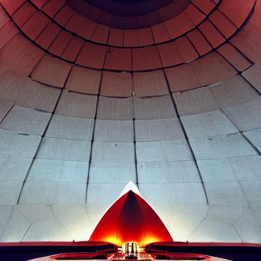 Prompt: dark interior of a futuristic lotus temple with a shafts of sunlight from the roof, gold, red and white marble panels, in the desert, by buckminster fuller and syd mead, intricate contemporary architecture, photo journalism, photography, cinematic, national geographic photoshoot