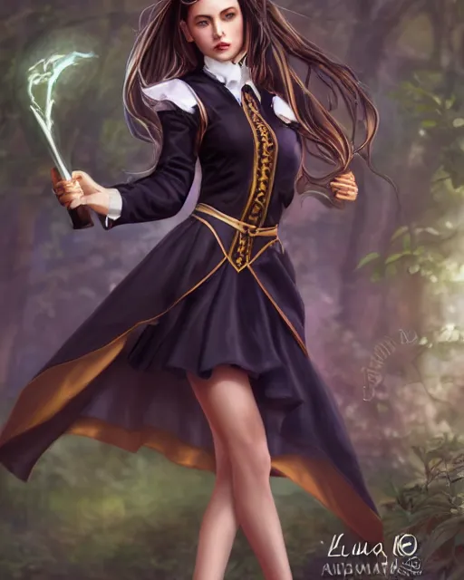 Image similar to a beautiful female dark magic academy school uniform, 8 k, hyperrealistic, hyperdetailed, full body pose, fantasy portrait by laura sava