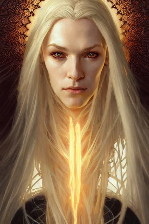 Image similar to portrait of a wise blonde elven mage, dark, piercing eyes, gentle expression, elegant clothing, photorealistic, highly detailed, artstation, smooth, sharp focus, art by michael whelan, artgerm, greg rutkowski and alphonse mucha