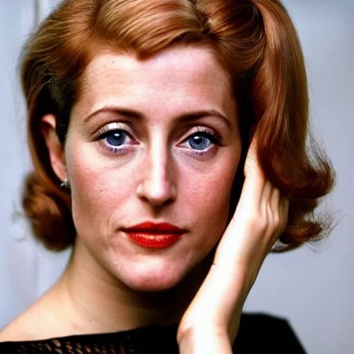 Prompt: photo of a gorgeous 20-year-old Gillian Anderson with a 1970s hairstyle by Mario Testino, detailed, head shot, award winning, Sony a7R -