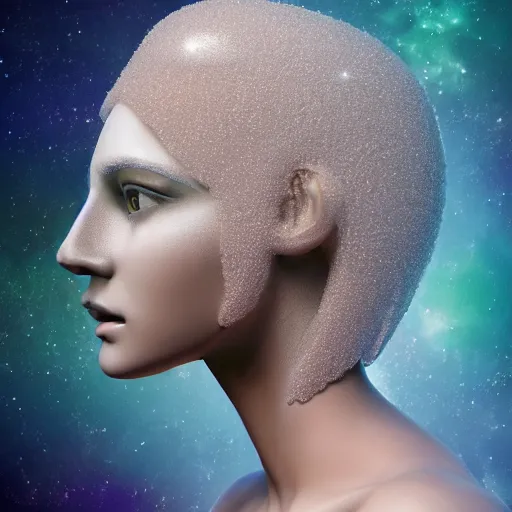 Image similar to sponge sculpture goddess of space, beauty, pretty face, glossy skin, stars, soft light, hdri, smooth, sharp focus, fantasy, intricate, elegant, highly detailed, 8 k