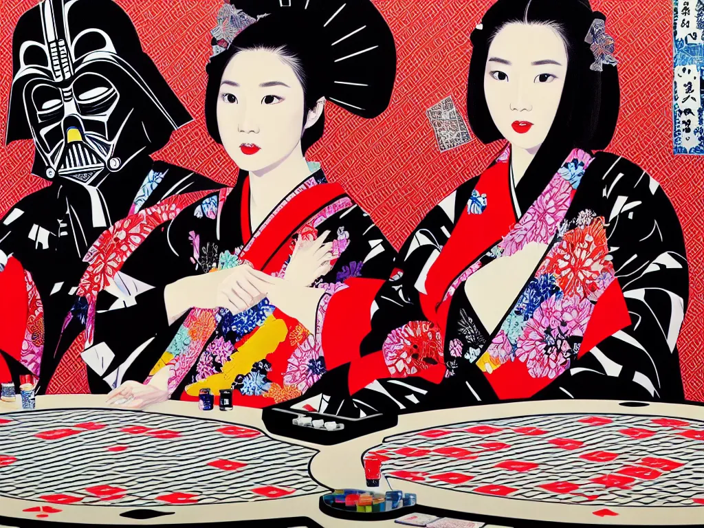 Image similar to hyperrealism composition of the detailed woman in a japanese kimono sitting at an extremely detailed poker table with darth vader, fireworks and folding screen on the background, pop - art style, jacky tsai style, andy warhol style, acrylic on canvas