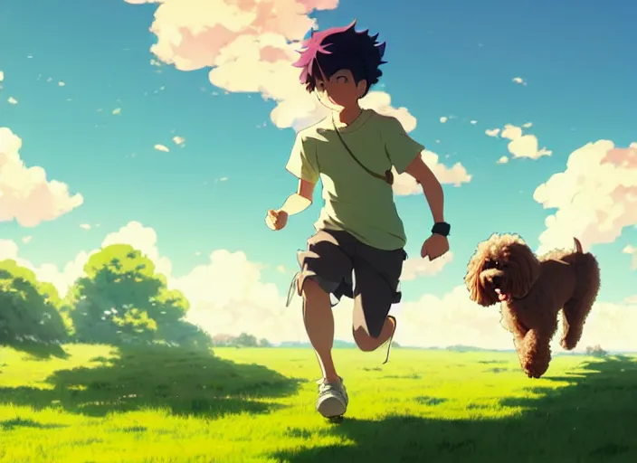 Image similar to young adult running with his goldendoodle over a green maedow, sunny sky background illustration concept art anime key visual trending pixiv fanbox by wlop and greg rutkowski and makoto shinkai and studio ghibli and kyoto animation symmetrical facial features