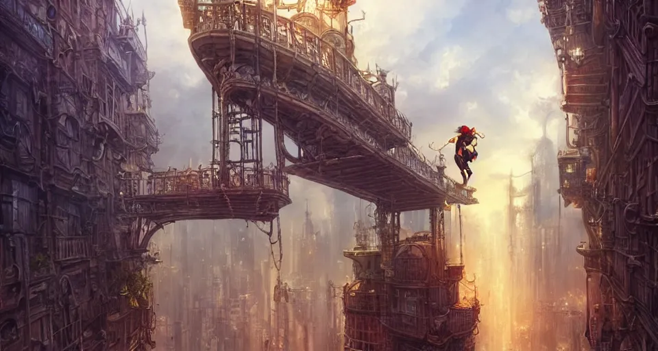 Image similar to landscape painting of a blonde boy thief in leathers using a rope to climb a tall metal steampunk buildings within a fantasy city with bridges, fine details, andreas rocha, magali villeneuve, artgerm, rutkowski