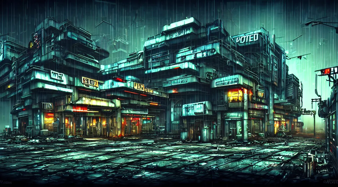 Prompt: post apocalyptic cyberpunk police station, building, avenue, urban architecture, americana architecture, concrete architecture, cloudy sky, paved roads, in the style of guido borelli, trending on artstation, photorealistic, wild vegetation, utopian, futuristic, blade runner, vivid colors scheme, neon signs, sharp, clear, focus