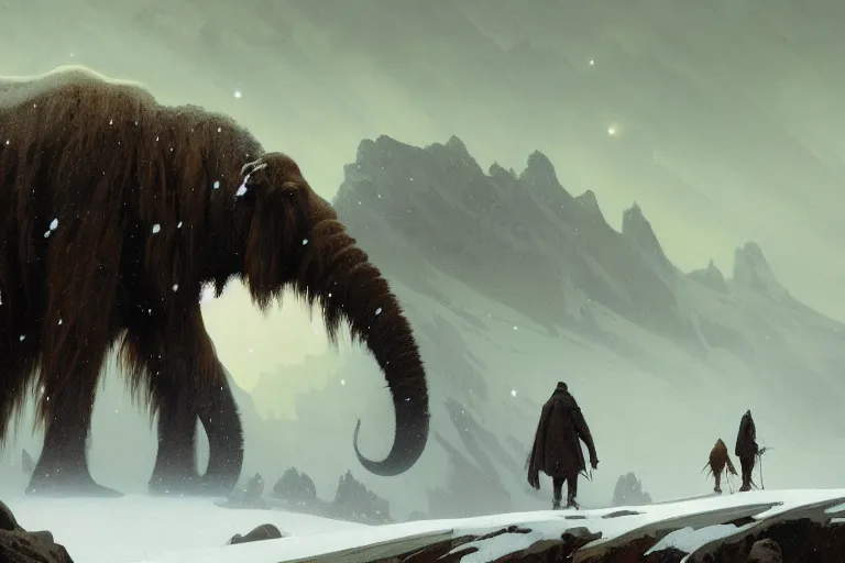 Image similar to a mammoth walking in a terrible snowstorm, luminous sky, by greg rutkowski and alphonse mucha, gradient brown to white, rocky mountains background, highly detailed landscape, digital painting, artstation, concept art, smooth, sharp focus illustration