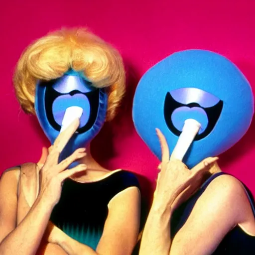 Prompt: 1978 twin women on tv show wearing an inflatable mask with a long prosthetic nose and googly eyes, wearing a leotard on the dancefloor 1978 technicolor archival footage color film 16mm holding a hand puppet Fellini Almodovar John Waters Russ Meyer Doris Wishman