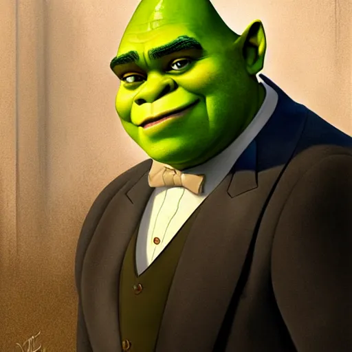 Image similar to handsome shrek in a tuxedo, highly detailed, digital painting, artstation, concept art, sharp focus, illustration, art by greg rutkowski and alphonse mucha