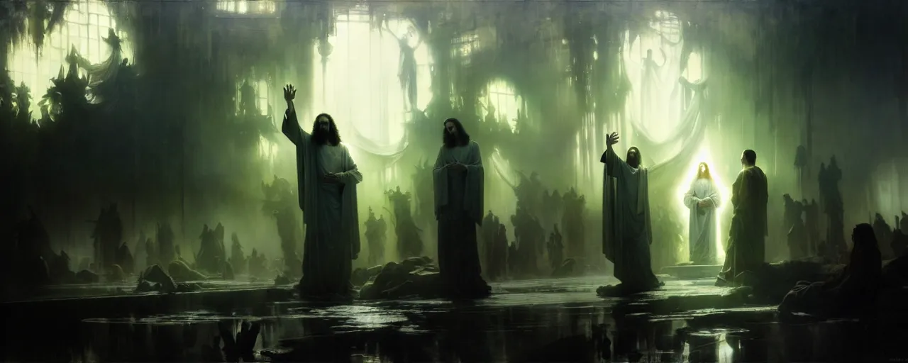 Image similar to the second coming of jesus christ, intricate concept art, ethereal, ominous, dramatic lighting, Ruan Jia and Jeremy Mann and Alphonse Mucha