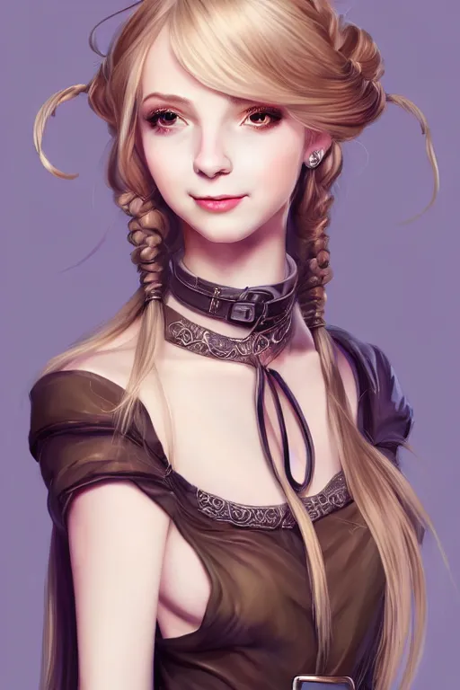 Image similar to portrait of a gorgeous young female artificer, looking at camera, D&D, choker on neck, stylish dress, mouth slightly open, cute slightly nerdy smile, very long flowing hair, intricate, elegant, stylish, fantasy, extremely detailed, digital painting, artstation, concept art, smooth, sharp focus, illustration, stunning lighting, art by artgerm and greg rutkowski and alphonse mucha and simon stalenhag