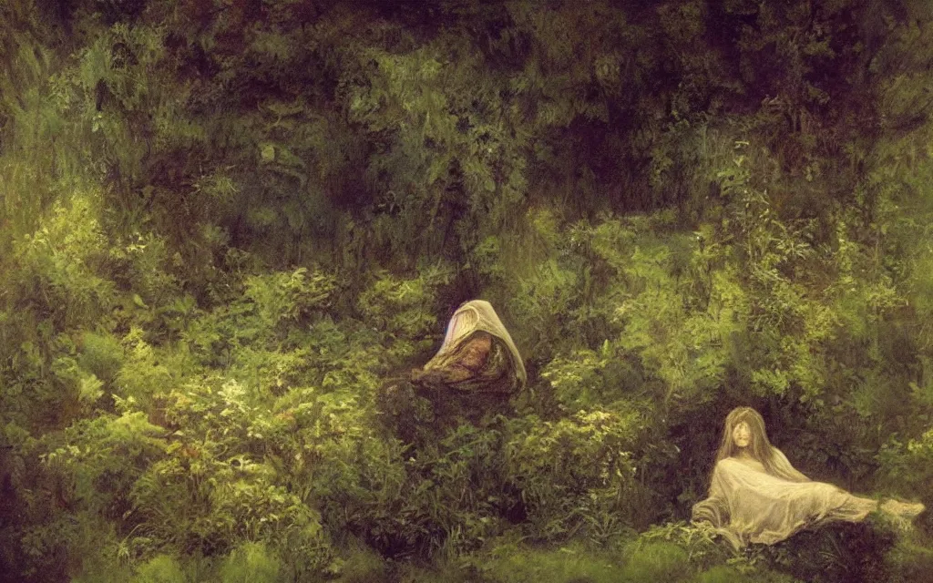 Prompt: the sleeping old goddess in shadow and mist overgrown garden (melancholy) (dreamy), exquisite painting, moody sharp colors